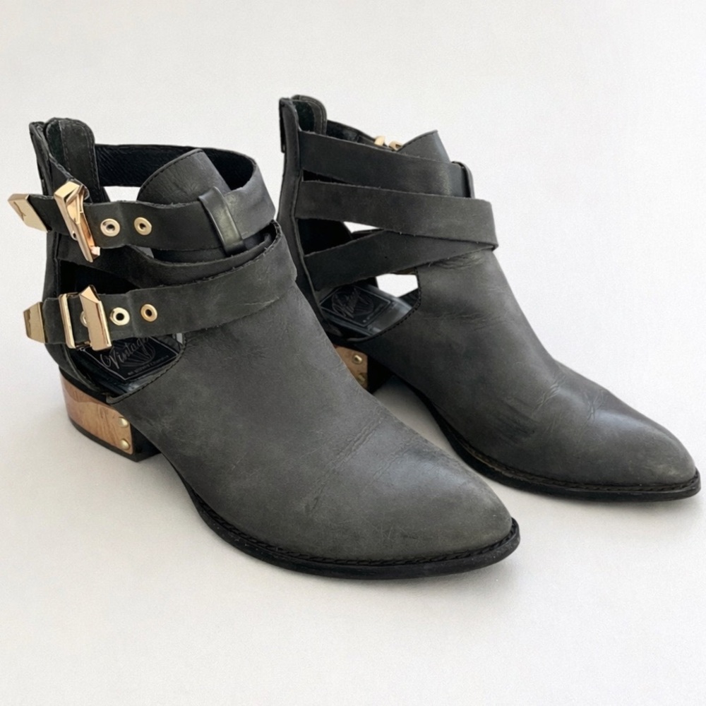 Jeffrey Campbell x Vintage Everly Charcoal Leather Strappy Ankle Boots 6.5